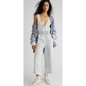 Free People We The Free Alora Jumpsuit Small Striped Denim Tie Back Wide Leg